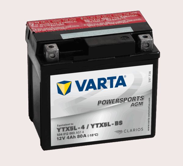 VARTA AGM MC Batteri 12V 4AH 80CCA (114x71x106mm) +høyre YTX5L-BS