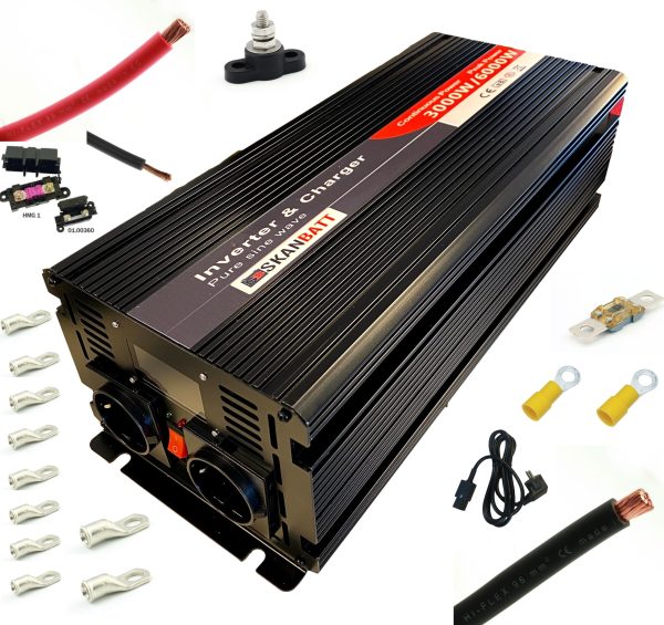 Inverter Strømpakke Mega (3000w) med nettprioritering m/kit 2m kabel