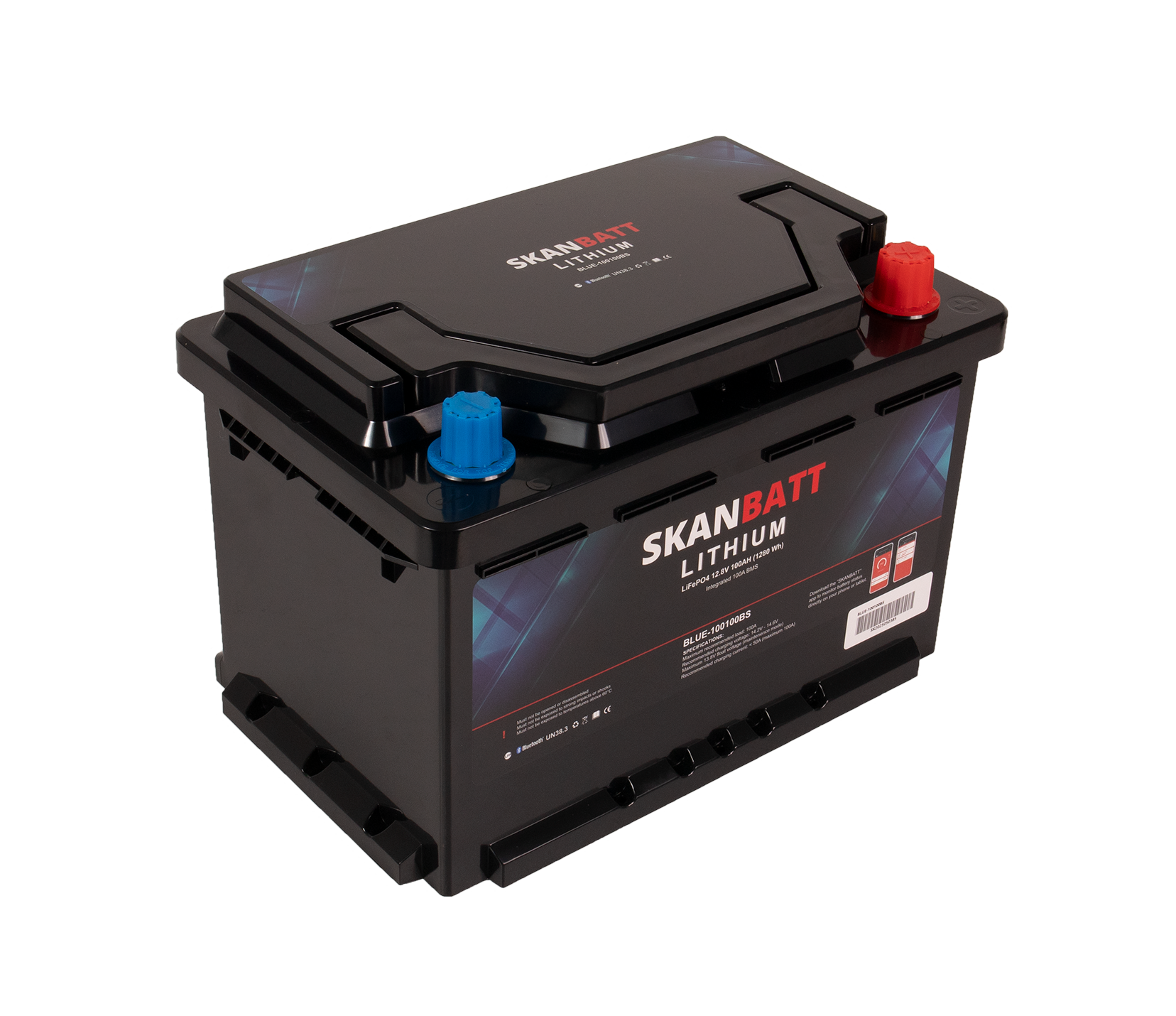 SKANBATT Lithium Batteri 12V 100Ah 100A BMS - Bluetooth - Bobil - 355x176x190mm