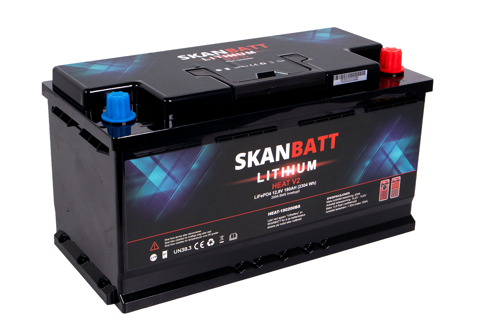 SKANBATT V2 Lithium HEAT Batteri 12V 180AH 150A BMS - Bobil - Bluetooth