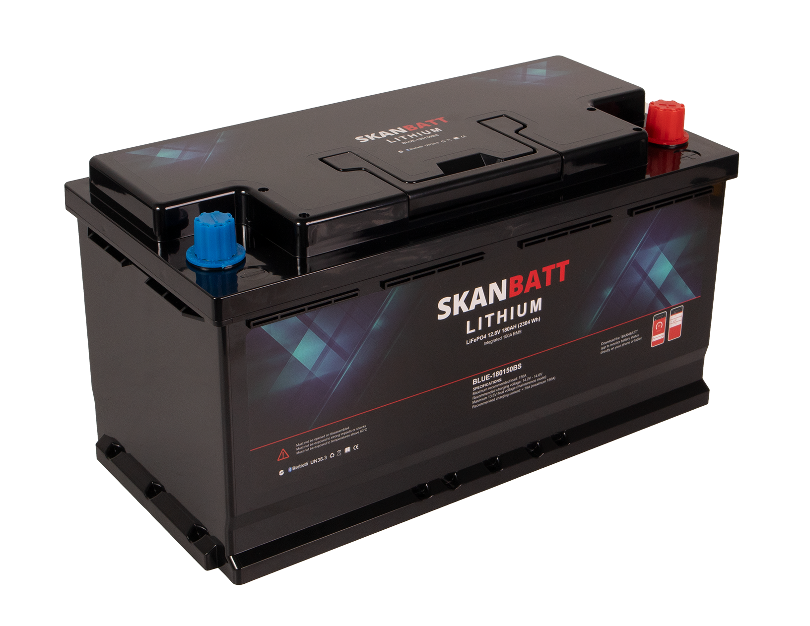SKANBATT Lithium Batteri 12V 180Ah 150A BMS - Bluetooth - Bobil - 355x176x190mm