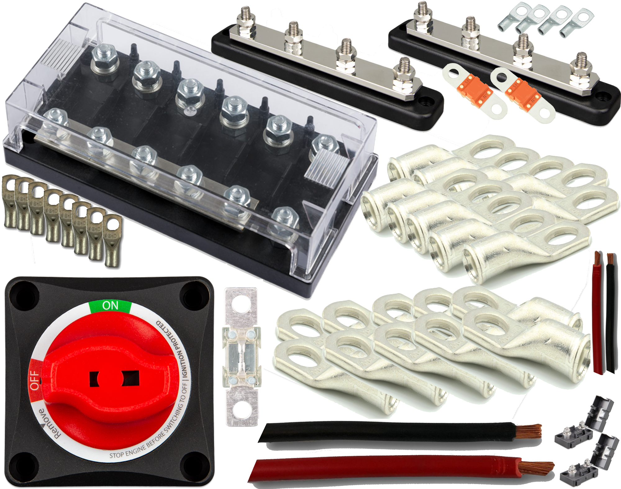 Pakke for å koble opp en 48V 3000W strømløsning med kabling, hovedbryter, sikringer og busbarer