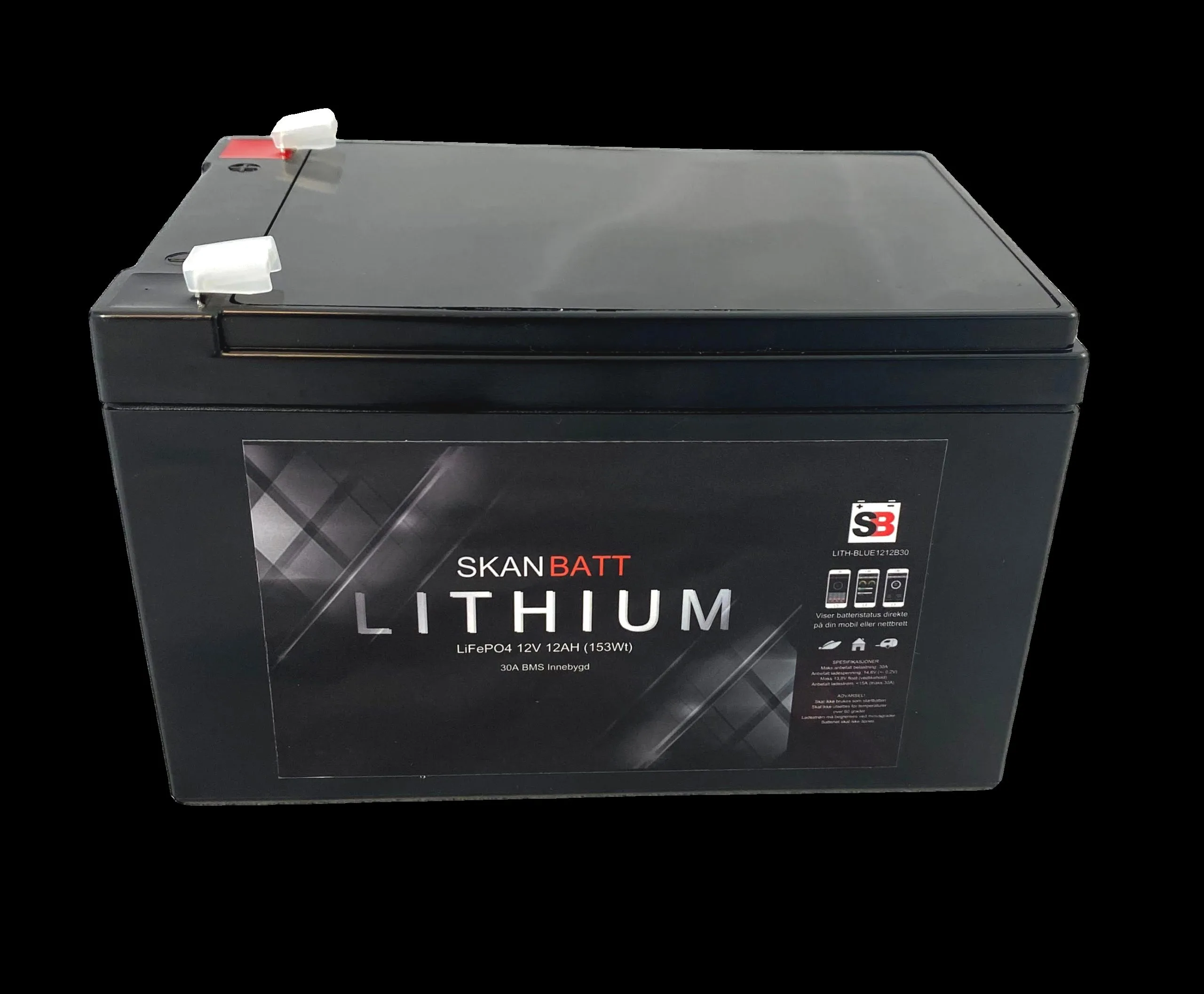 SKANBATT Bluetooth Lithium Batteri 12V 12AH 30A BMS (serie)
